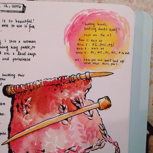 A watercolor picture of a knitted scarf, with instructions on how to knit it