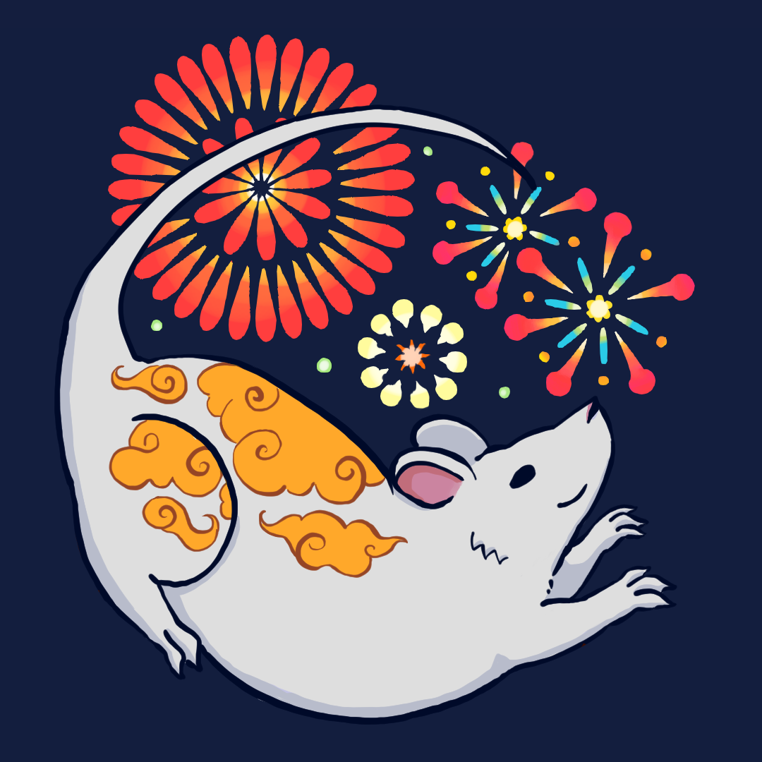 The Year of the Rat mascot, with fireworks.